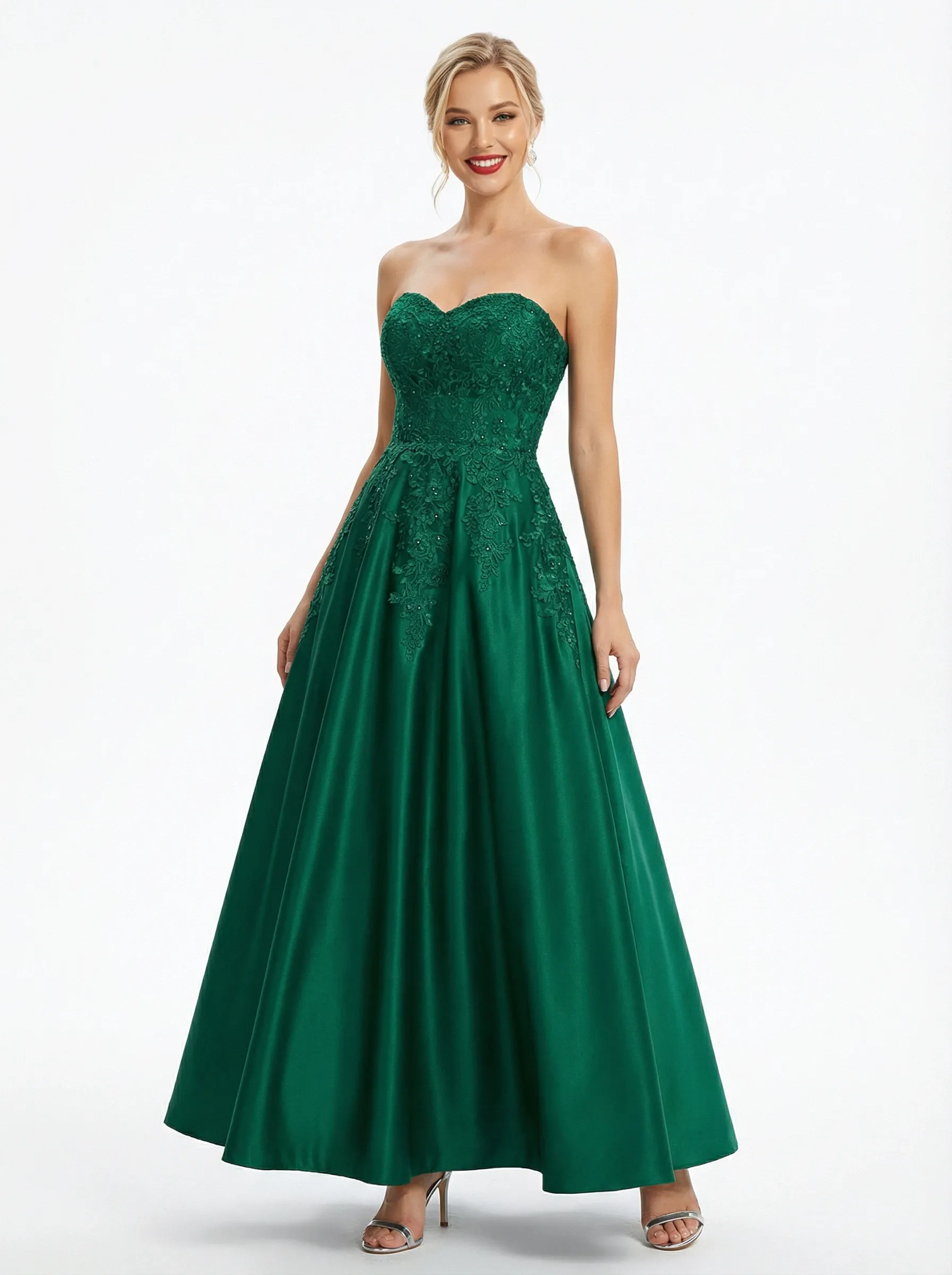 Simple Sweetheart Lace A-line Satin Ankle Length Prom Dresses sold by ChicSew