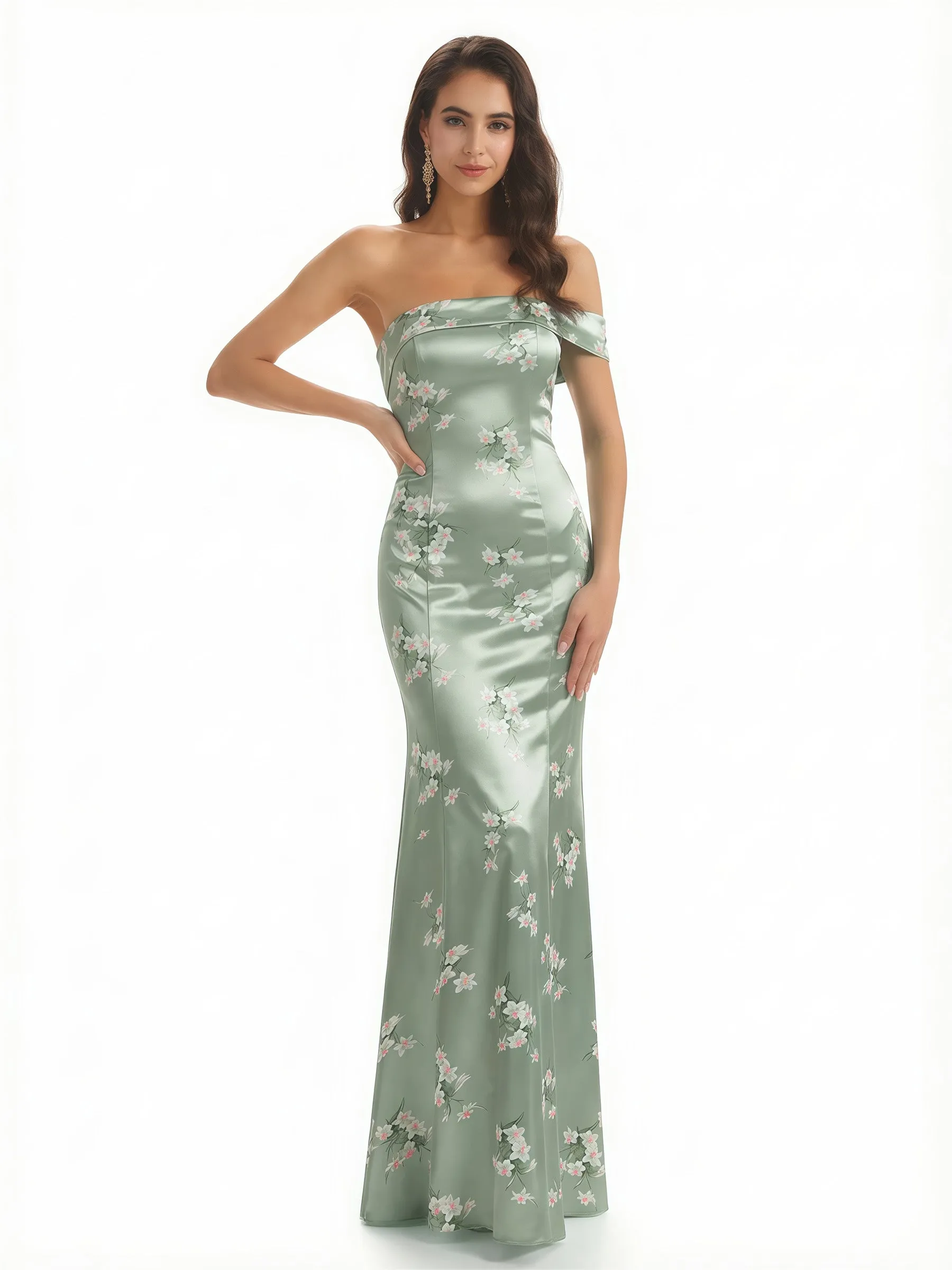 Sexy One Shoulder Sleeveless Mermaid Long Satin Floral Formal Dresses For Women sold by ChicSew