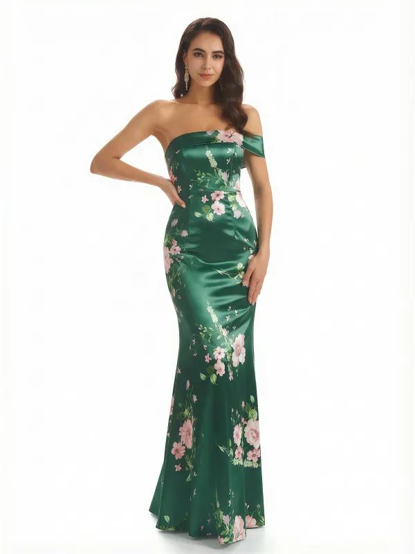 Sexy One Shoulder Sleeveless Mermaid Long Satin Floral Formal Dresses For Women sold by ChicSew
