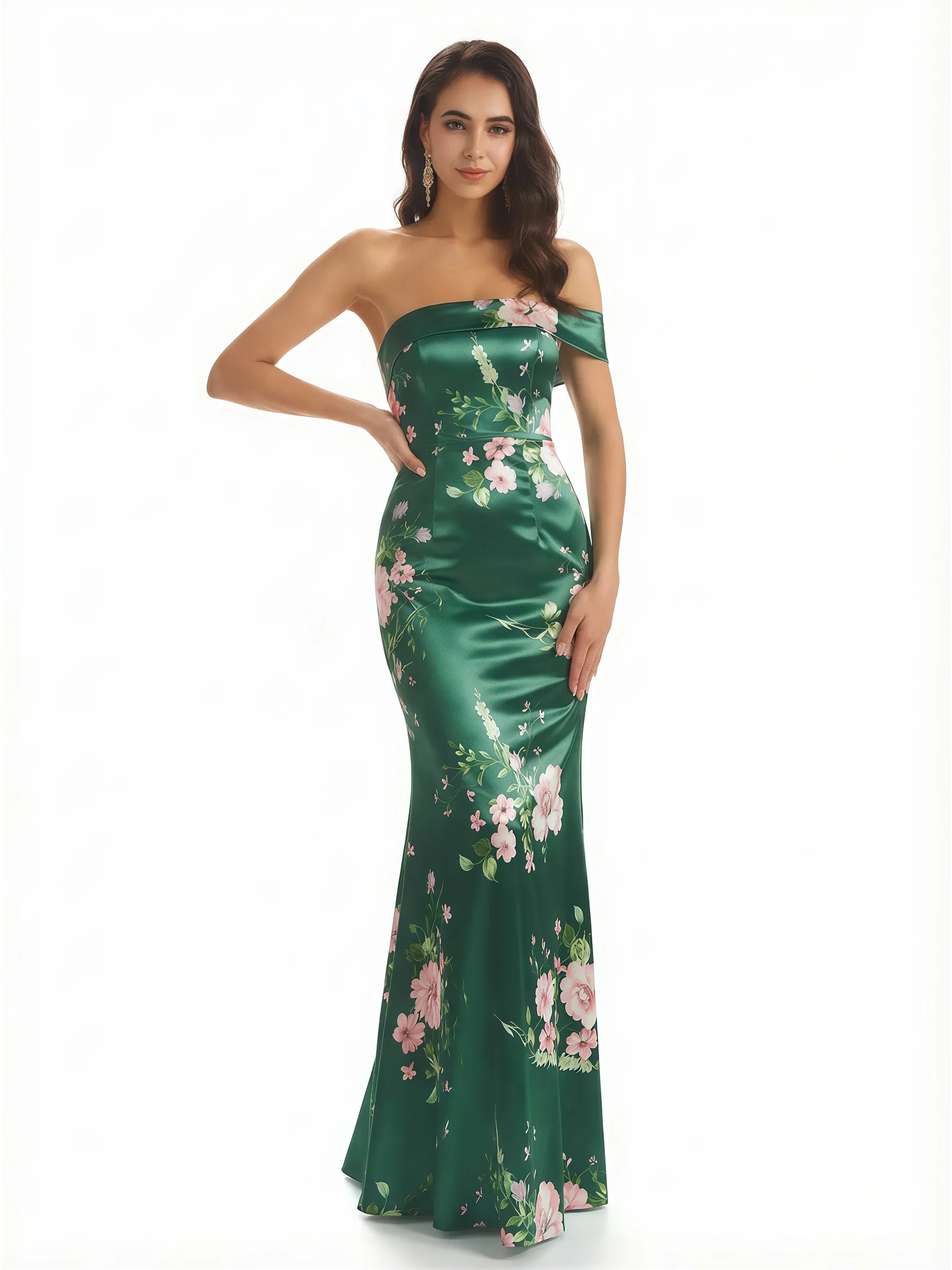 Sexy One Shoulder Sleeveless Mermaid Long Satin Floral Formal Dresses For Women sold by ChicSew