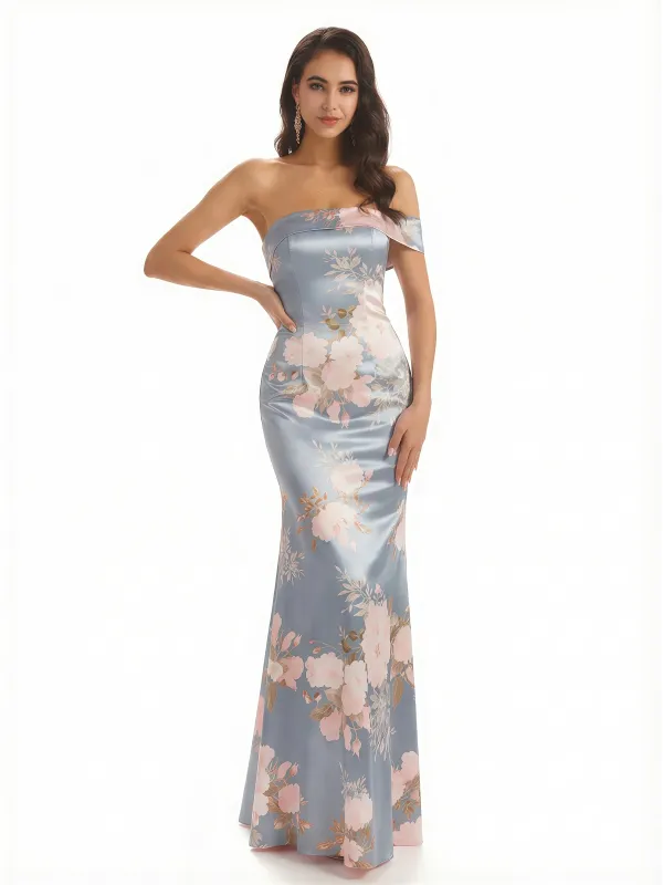 Sexy One Shoulder Sleeveless Mermaid Long Satin Floral Formal Dresses For Women sold by ChicSew