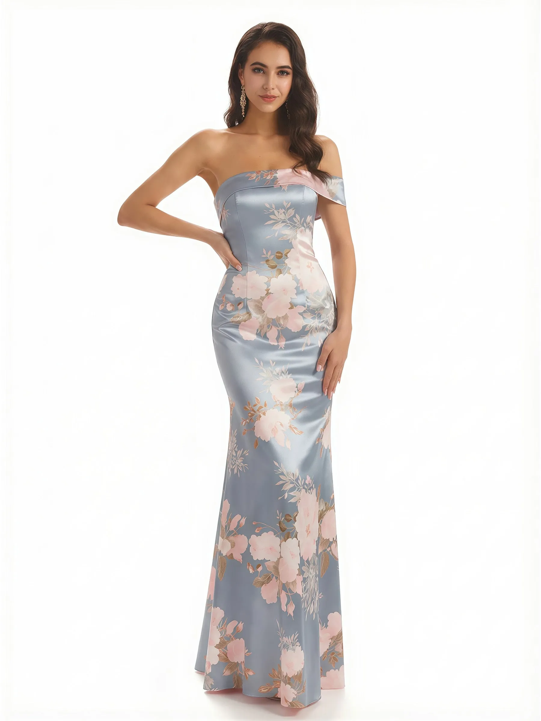 Sexy One Shoulder Sleeveless Mermaid Long Satin Floral Formal Dresses For Women sold by ChicSew