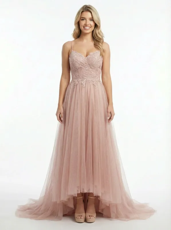 Pretty Lace Sweetheart High-Low Tulle Gown Elegant Sleeveless A-Line Prom Dress sold by ChicSew
