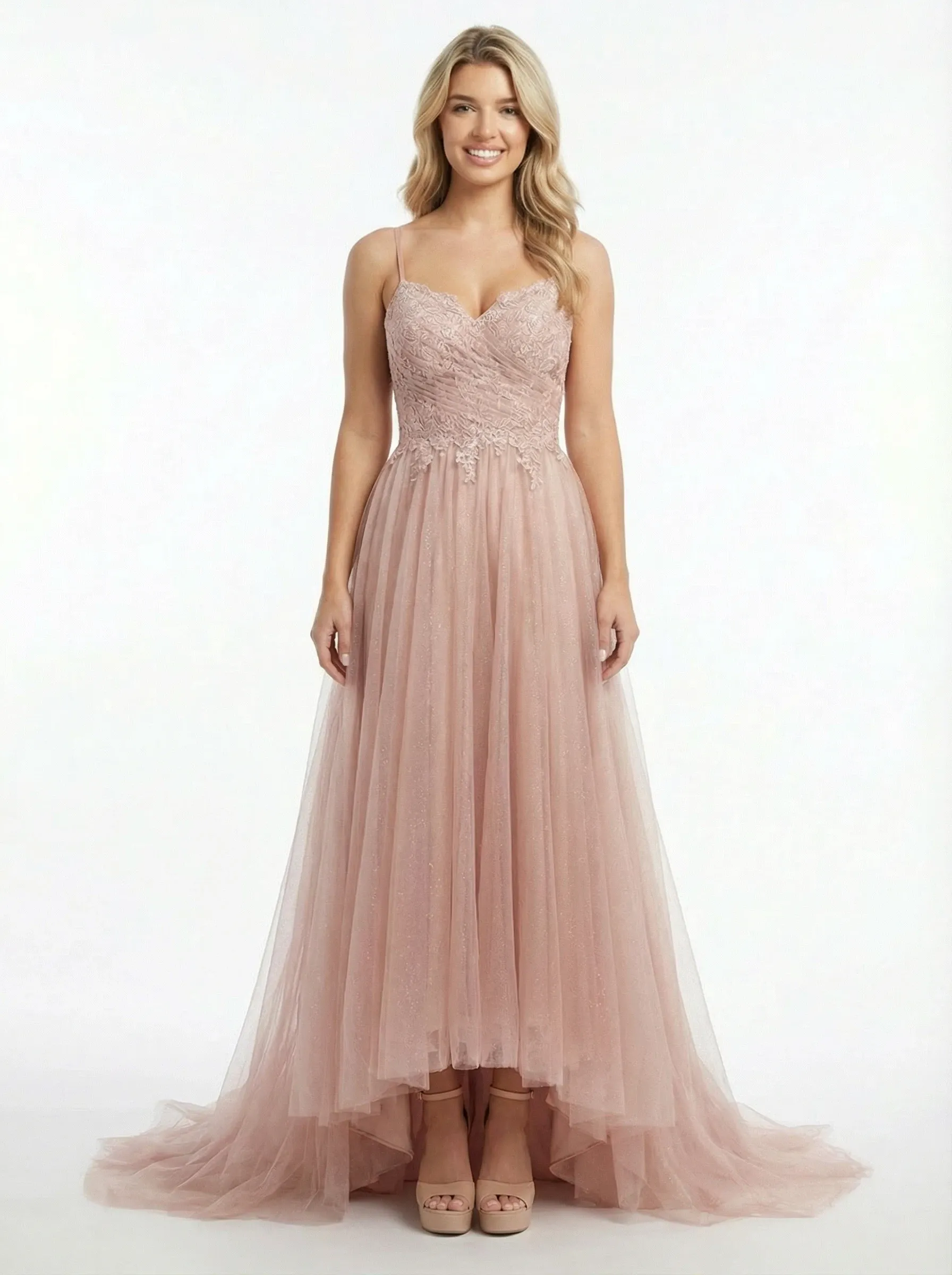 Pretty Lace Sweetheart High-Low Tulle Gown Elegant Sleeveless A-Line Prom Dress sold by ChicSew