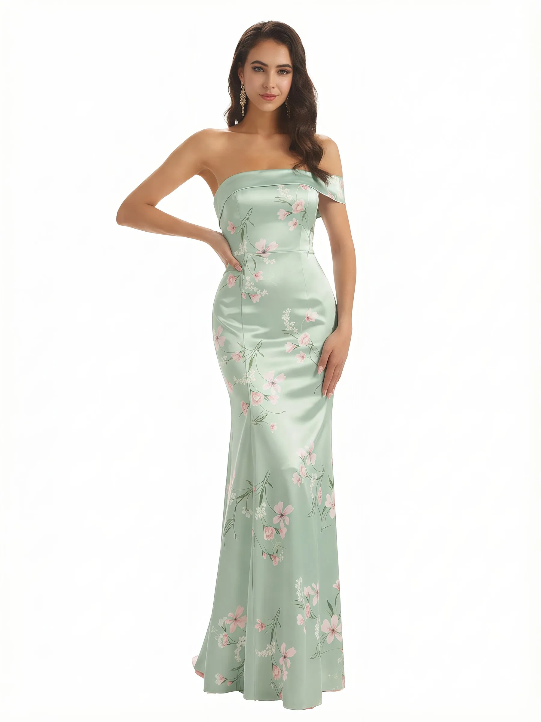 Sexy One Shoulder Sleeveless Mermaid Long Satin Floral Formal Dresses For Women sold by ChicSew