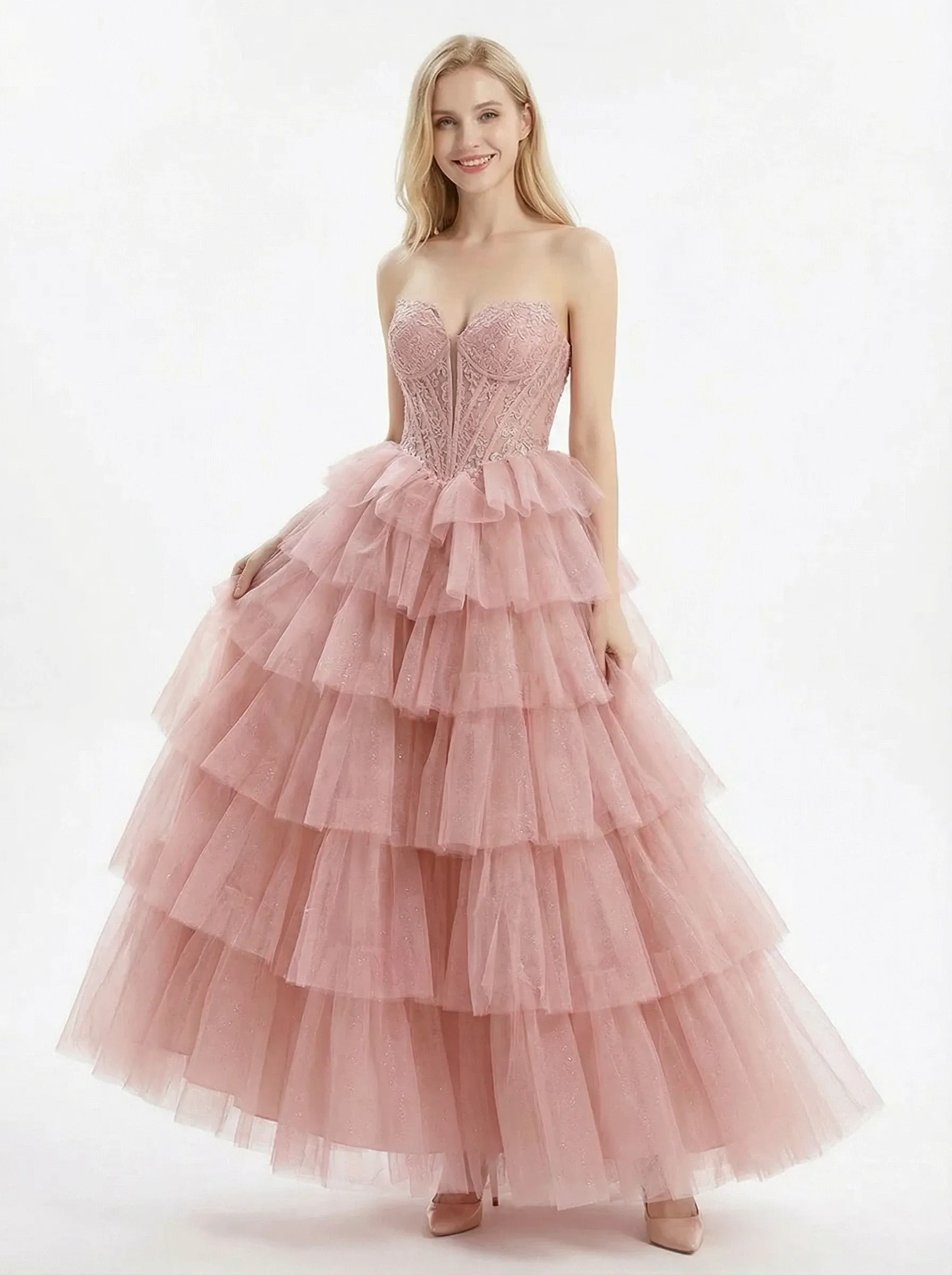 Unique Corset Lace Bodice Tiered Tulle Gown Beautiful Sweetheart Formal Evening Gown sold by ChicSew