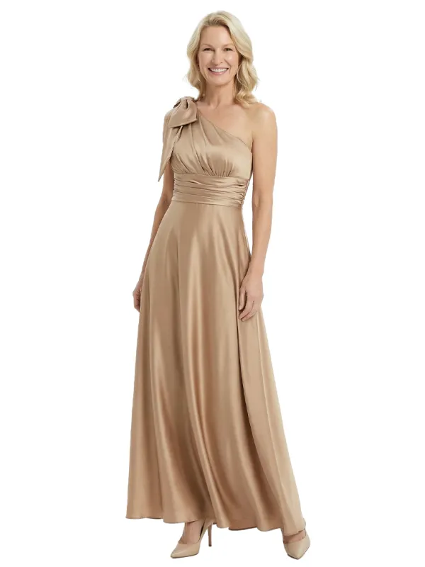 Sexy One Shoulder Sleeveless A-Line Ruched Satin Mother of the Groom Evening Dress sold by ChicSew