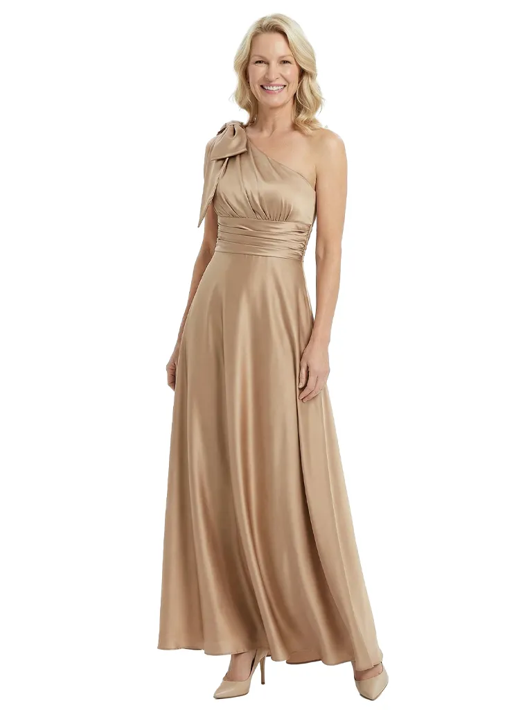 Sexy One Shoulder Sleeveless A-Line Ruched Satin Mother of the Groom Evening Dress sold by ChicSew