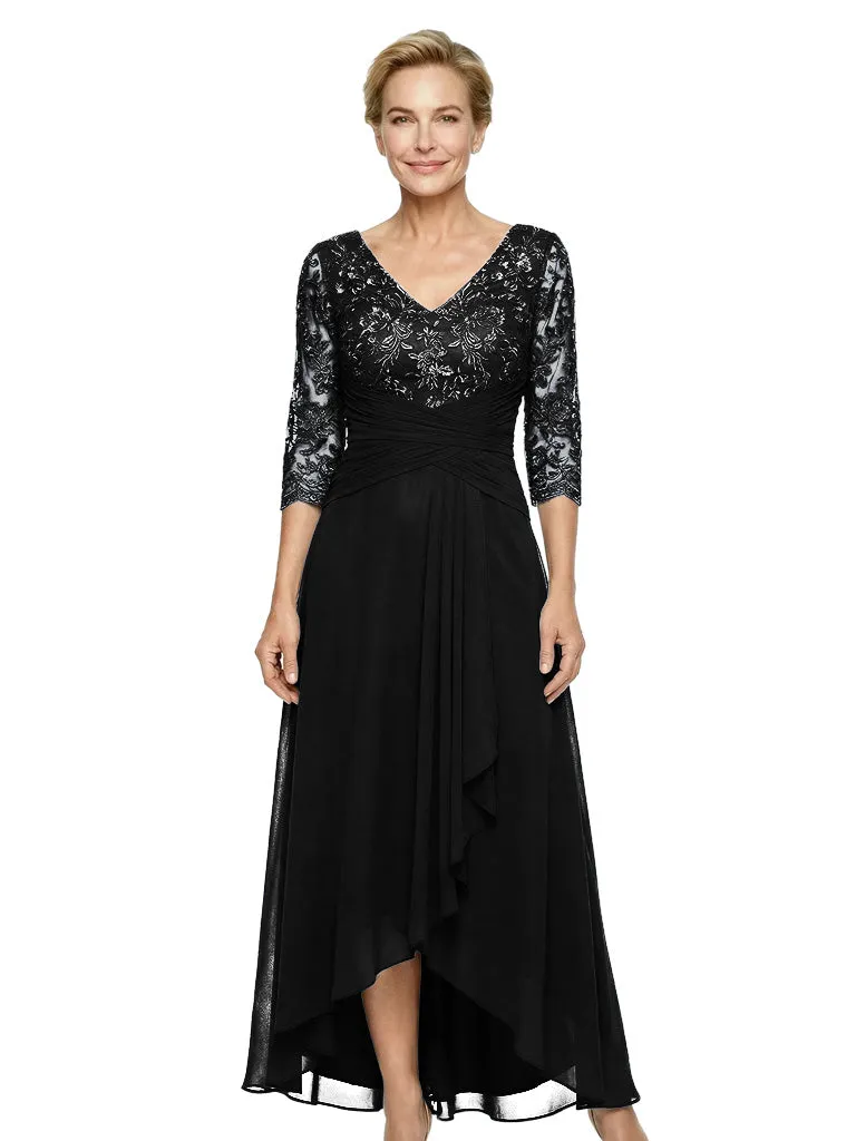 Beautiful Lace V-Neck High-Low Mother Of The Bride Dress With Sleeves sold by ChicSew product image thumbnail 4