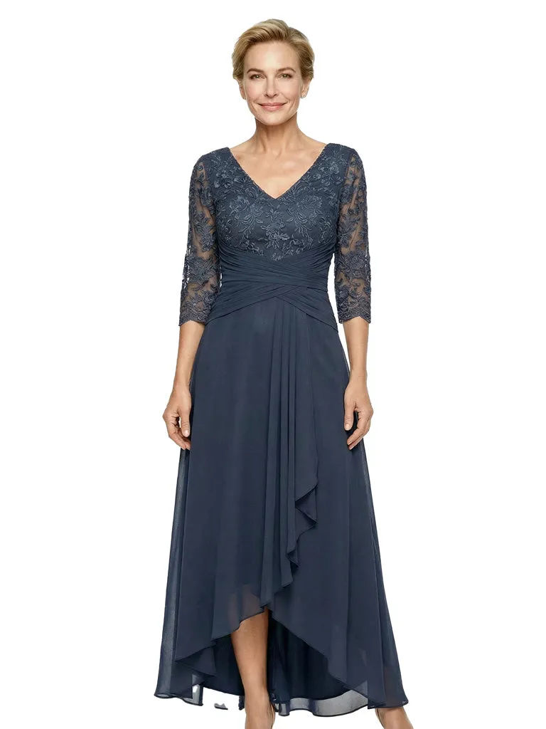 Beautiful Lace V-Neck High-Low Mother Of The Bride Dress With Sleeves sold by ChicSew