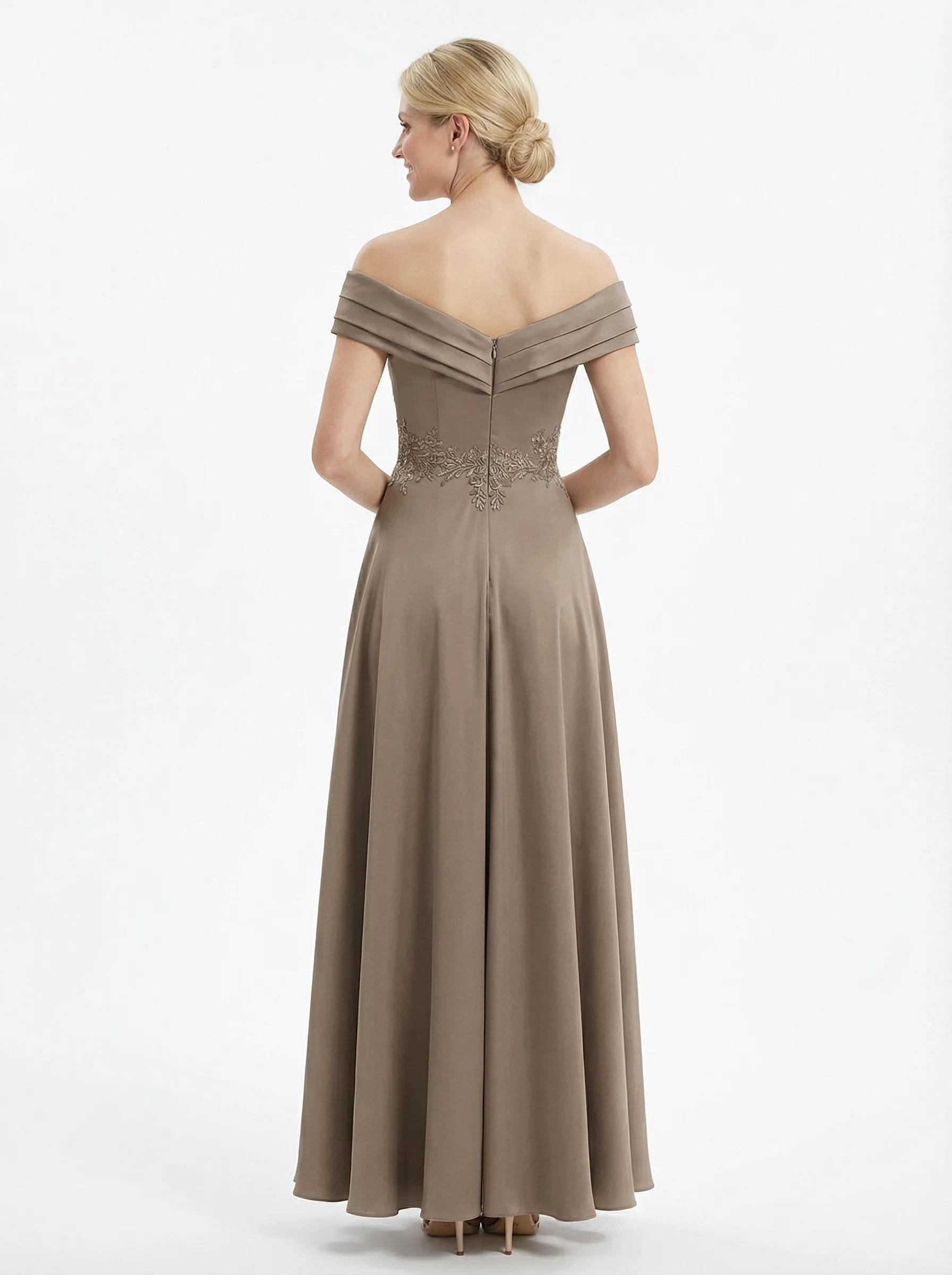 Elegant Long Sleeves Off Shoulder Lace Appliques A-Line Satin Mother of the Groom Evening Dress sold by ChicSew product image thumbnail 3