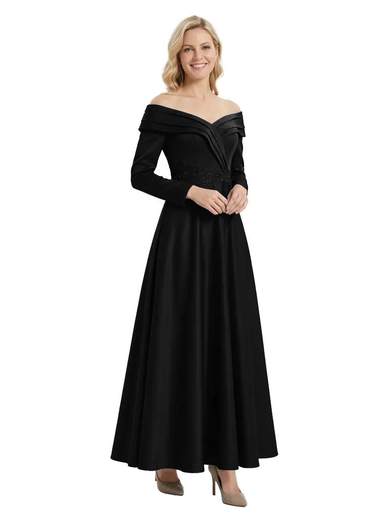 Elegant Long Sleeves Off Shoulder Lace Appliques A-Line Satin Mother of the Groom Evening Dress sold by ChicSew product image thumbnail 4