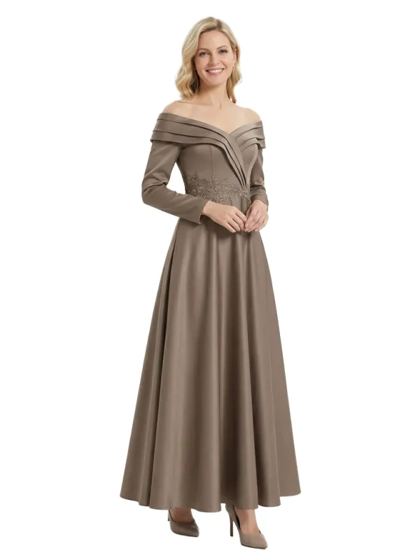 Elegant Long Sleeves Off Shoulder Lace Appliques A-Line Satin Mother of the Groom Evening Dress sold by ChicSew