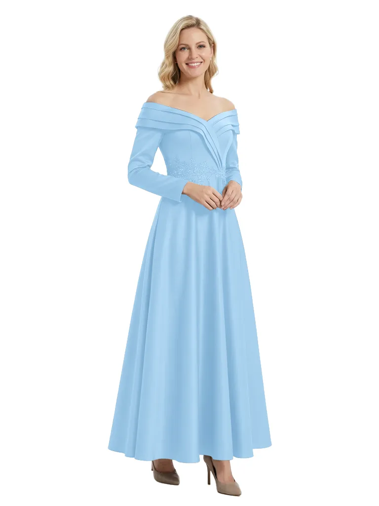 Elegant Long Sleeves Off Shoulder Lace Appliques A-Line Satin Mother of the Groom Evening Dress sold by ChicSew product image thumbnail 5