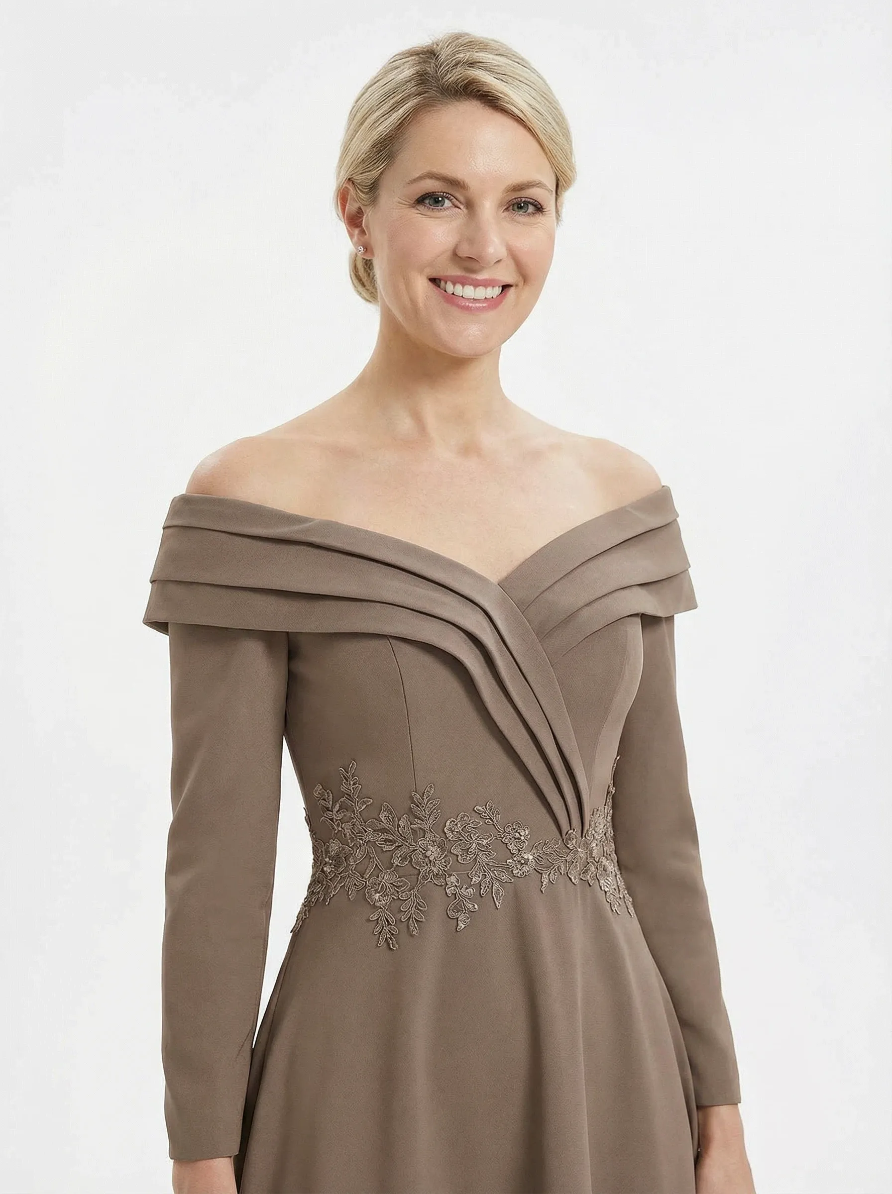Elegant Long Sleeves Off Shoulder Lace Appliques A-Line Satin Mother of the Groom Evening Dress sold by ChicSew product image thumbnail 2