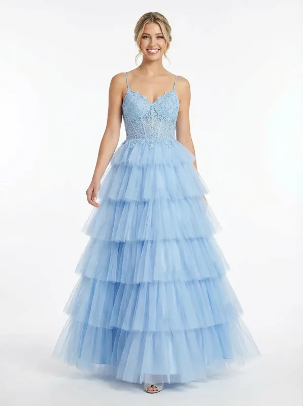 Fancy V-Neck Lace Tiered Tulle Ball Gown Romantic Sparkly Spaghetti Strap Prom Dress sold by ChicSew