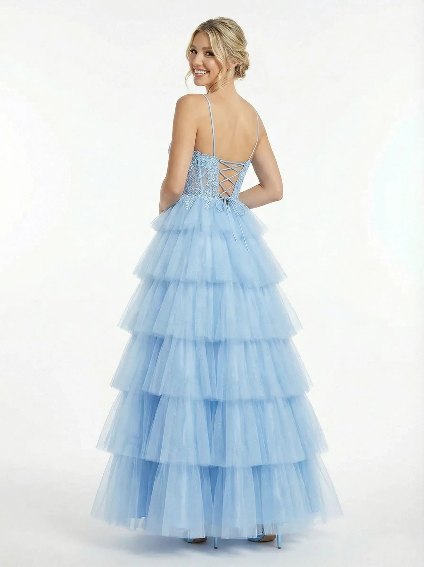 Fancy V-Neck Lace Tiered Tulle Ball Gown Romantic Sparkly Spaghetti Strap Prom Dress sold by ChicSew product image thumbnail 3