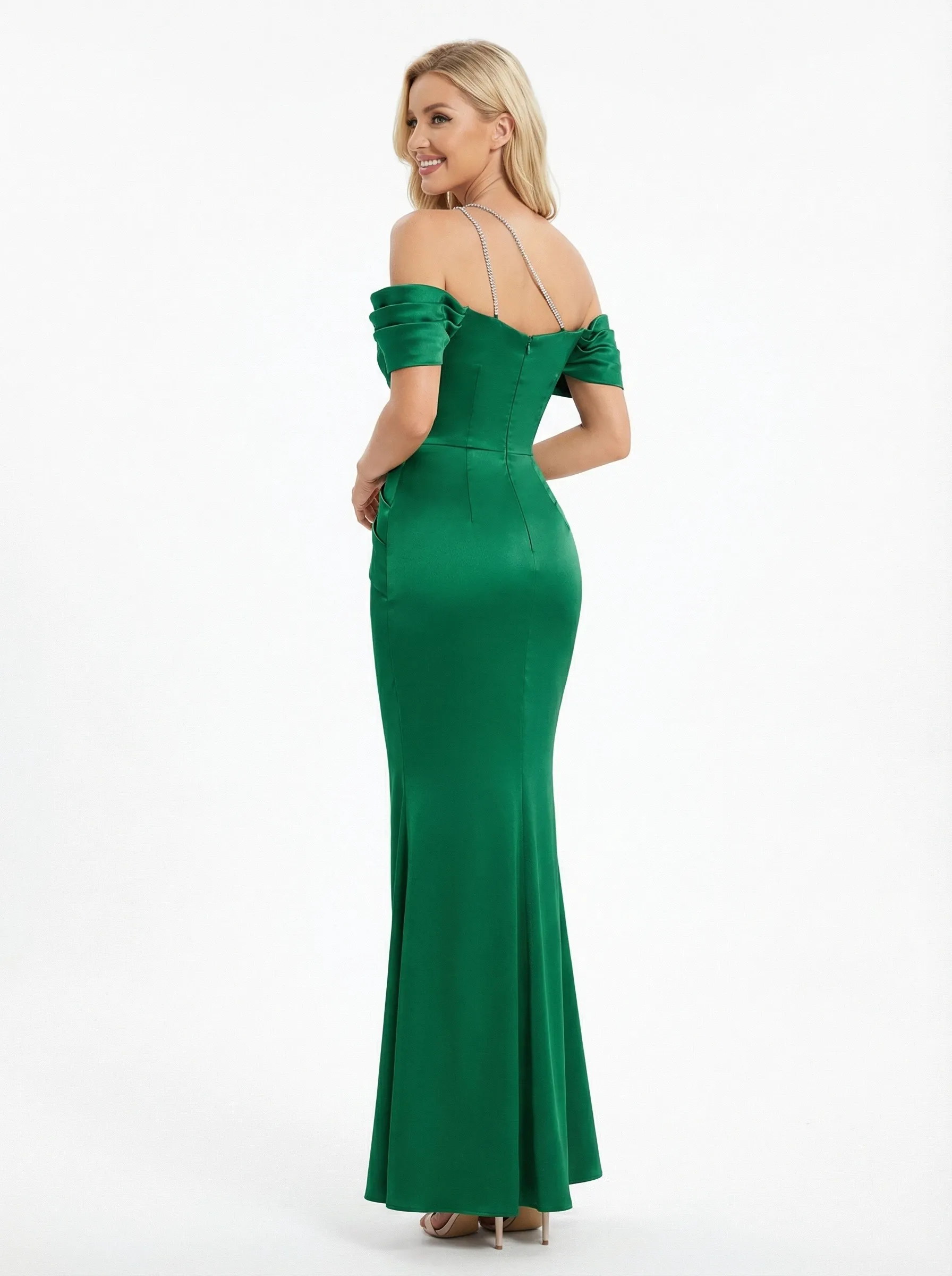 Elegant Off Shoulder Beaded Mermaid Ruched Satin Long Prom Dresses sold by ChicSew product image thumbnail 3