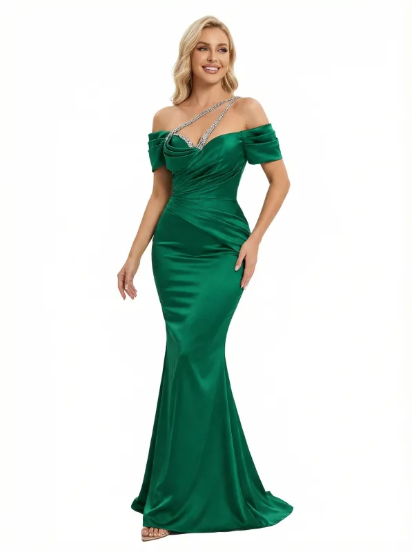 Elegant Off Shoulder Beaded Mermaid Ruched Satin Long Prom Dresses sold by ChicSew