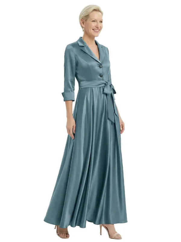 Blazer Collar Satin Mother Of The Bride Dress 3/4 Rolled Sleeves A-Line Maxi Gown sold by ChicSew