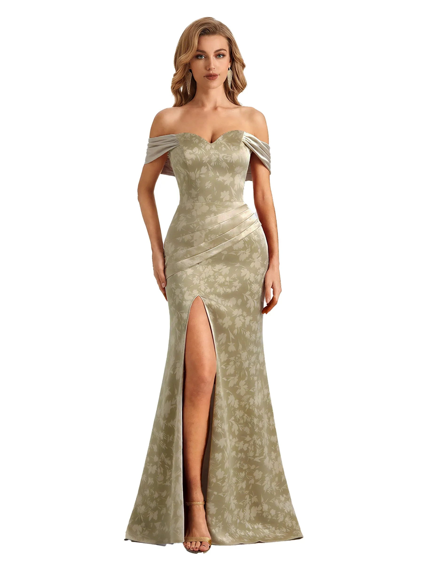 Trendy Off Shoulder Side Slit Mermaid Long Satin Floral Formal Evening Dresses For Ladies sold by ChicSew