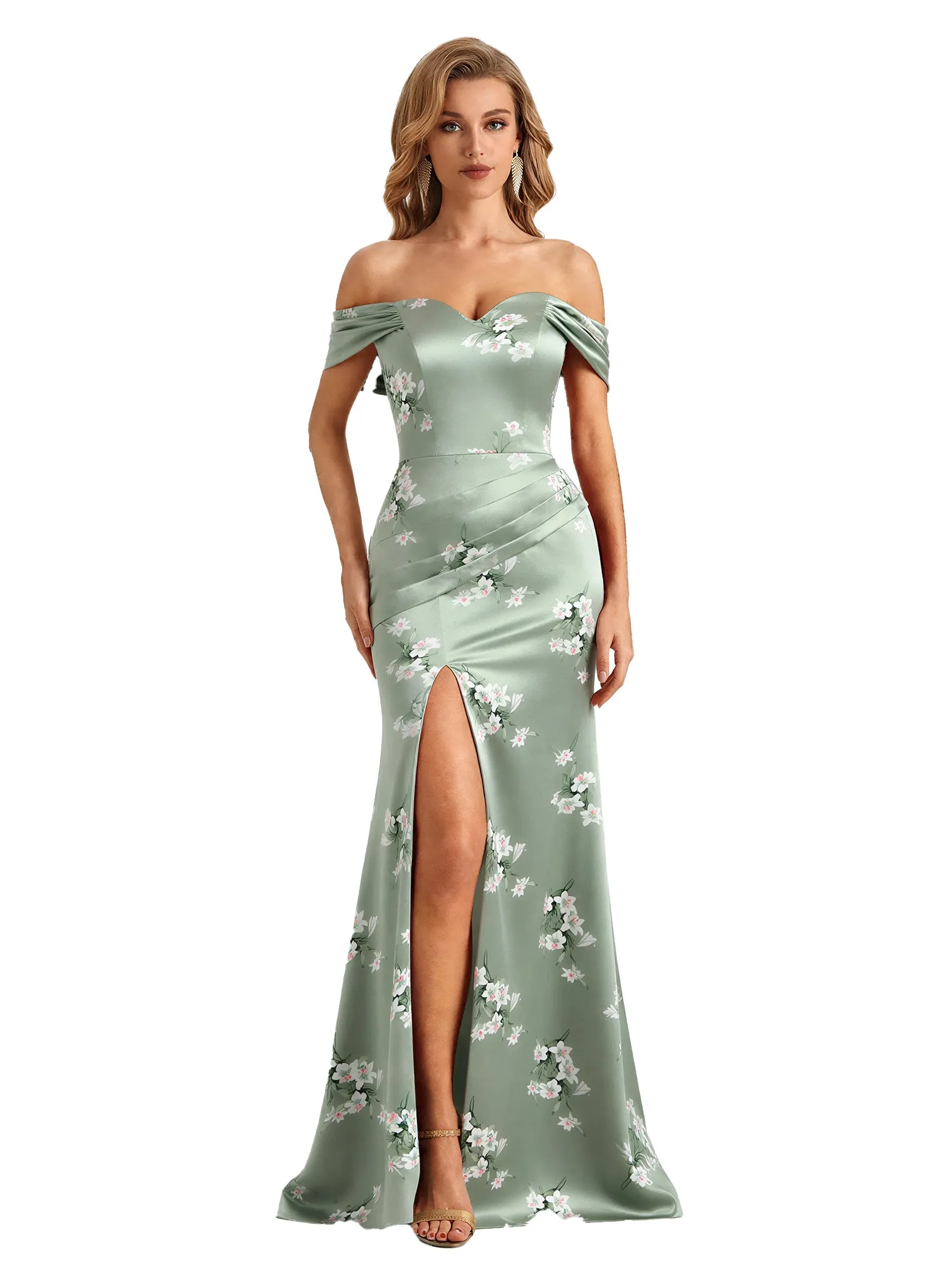 Trendy Off Shoulder Side Slit Mermaid Long Satin Floral Formal Evening Dresses For Ladies sold by ChicSew