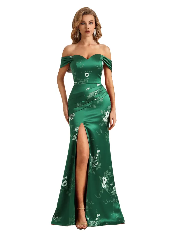 Trendy Off Shoulder Side Slit Mermaid Long Satin Floral Formal Evening Dresses For Ladies sold by ChicSew