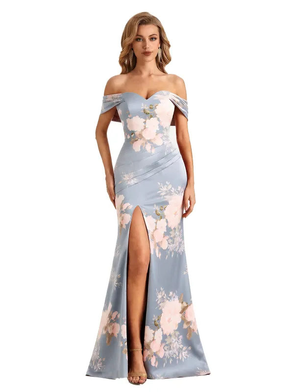 Trendy Off Shoulder Side Slit Mermaid Long Satin Floral Formal Evening Dresses For Ladies sold by ChicSew