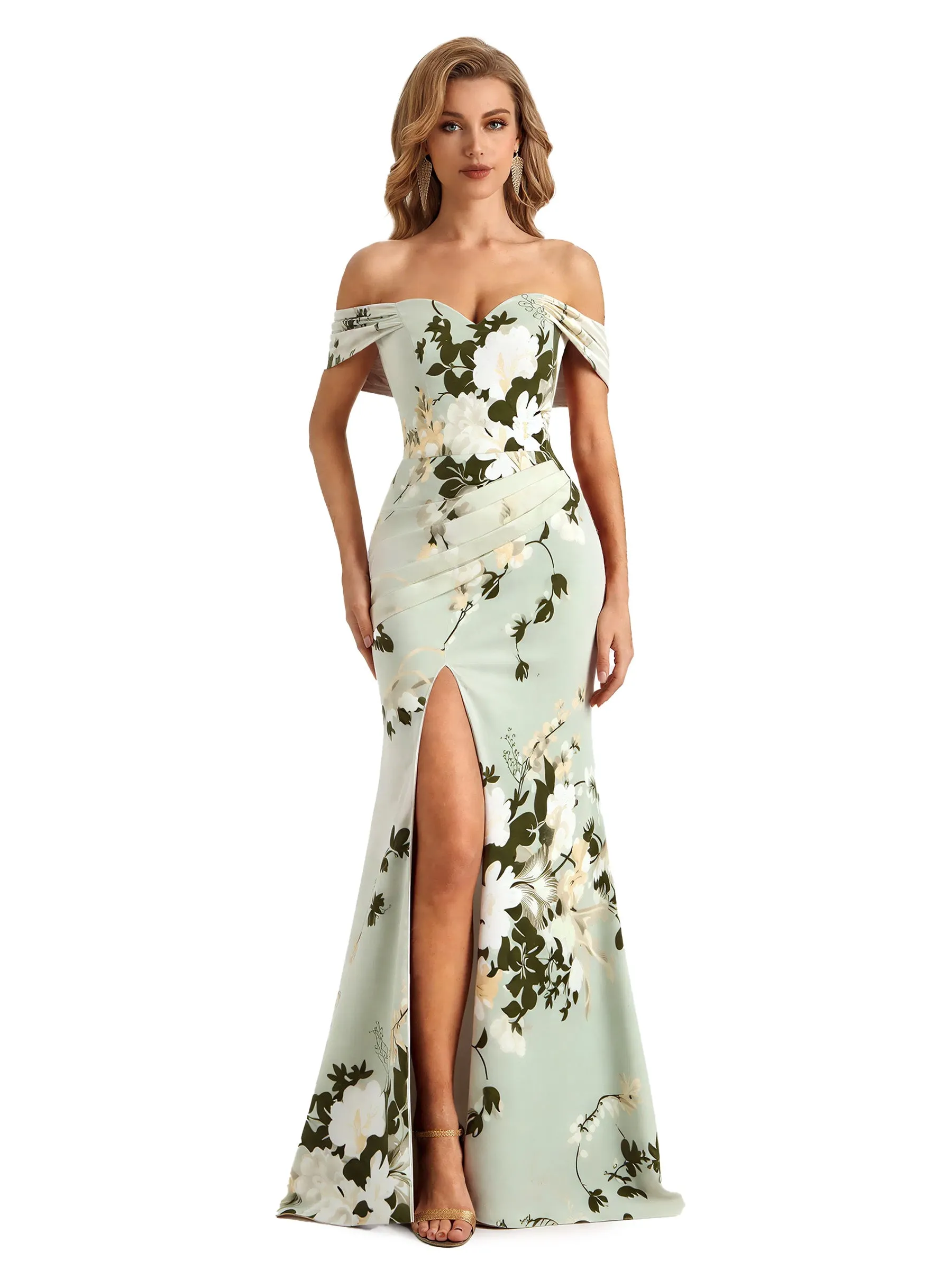 Trendy Off Shoulder Side Slit Mermaid Long Satin Floral Formal Evening Dresses For Ladies sold by ChicSew
