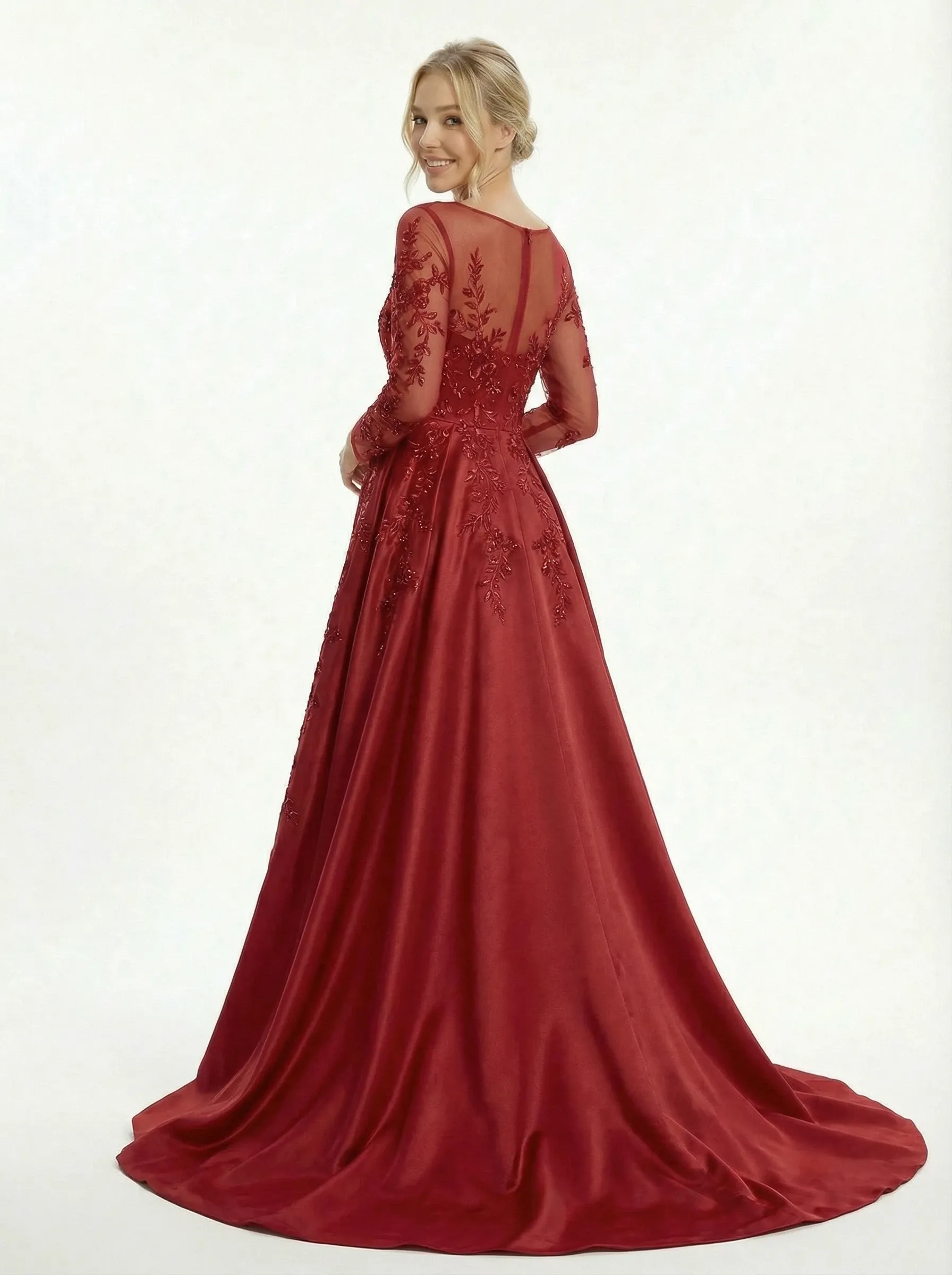 Elegant V-neck Long Sleeves Mermaid Satin Prom Dresses with Overskirt sold by ChicSew product image thumbnail 3