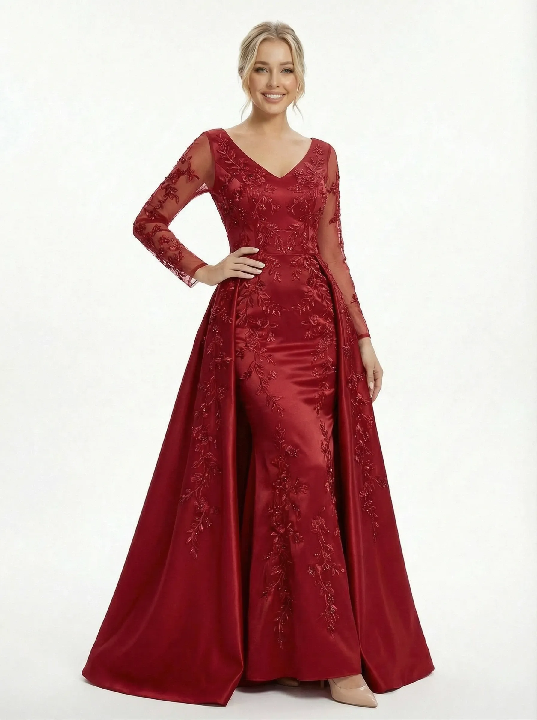 Elegant V-neck Long Sleeves Mermaid Satin Prom Dresses with Overskirt sold by ChicSew