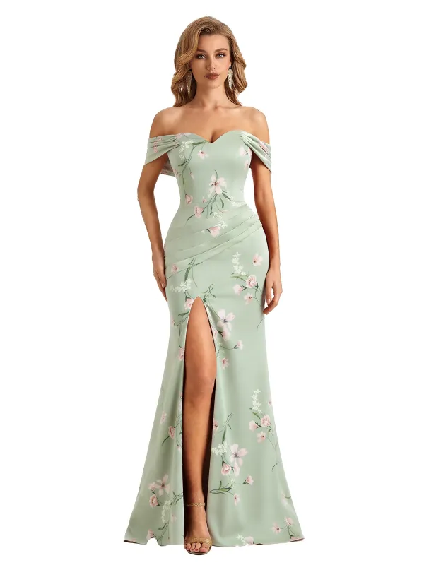 Trendy Off Shoulder Side Slit Mermaid Long Satin Floral Formal Evening Dresses For Ladies sold by ChicSew
