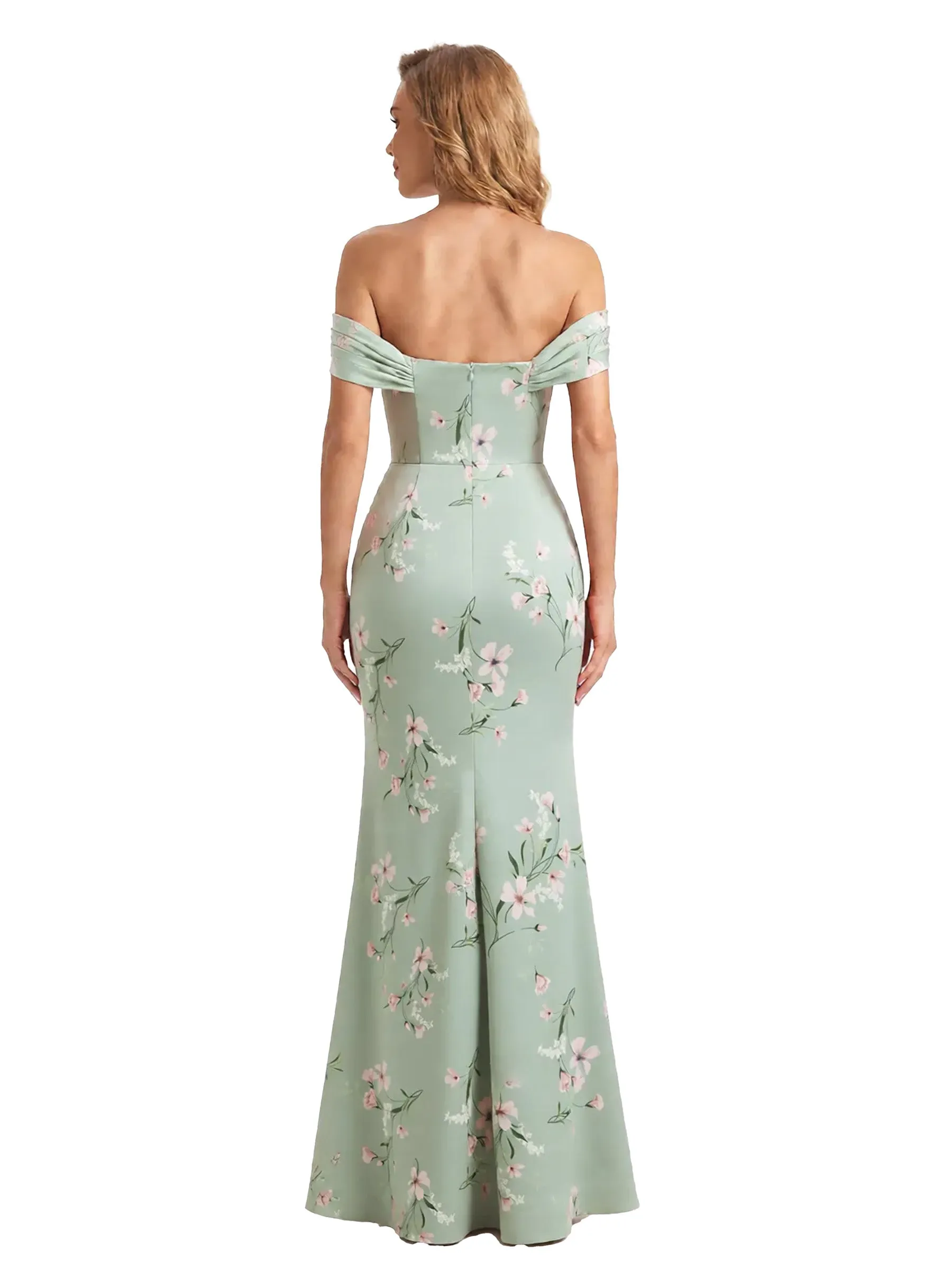 Trendy Off Shoulder Side Slit Mermaid Long Satin Floral Formal Evening Dresses For Ladies sold by ChicSew product image thumbnail 2