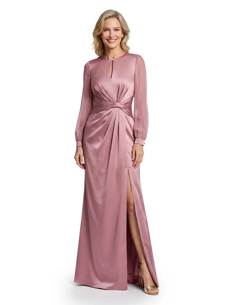 Classy Keyhole Neck Satin Long Sleeve Mother of the Groom Gown Slit sold by ChicSew