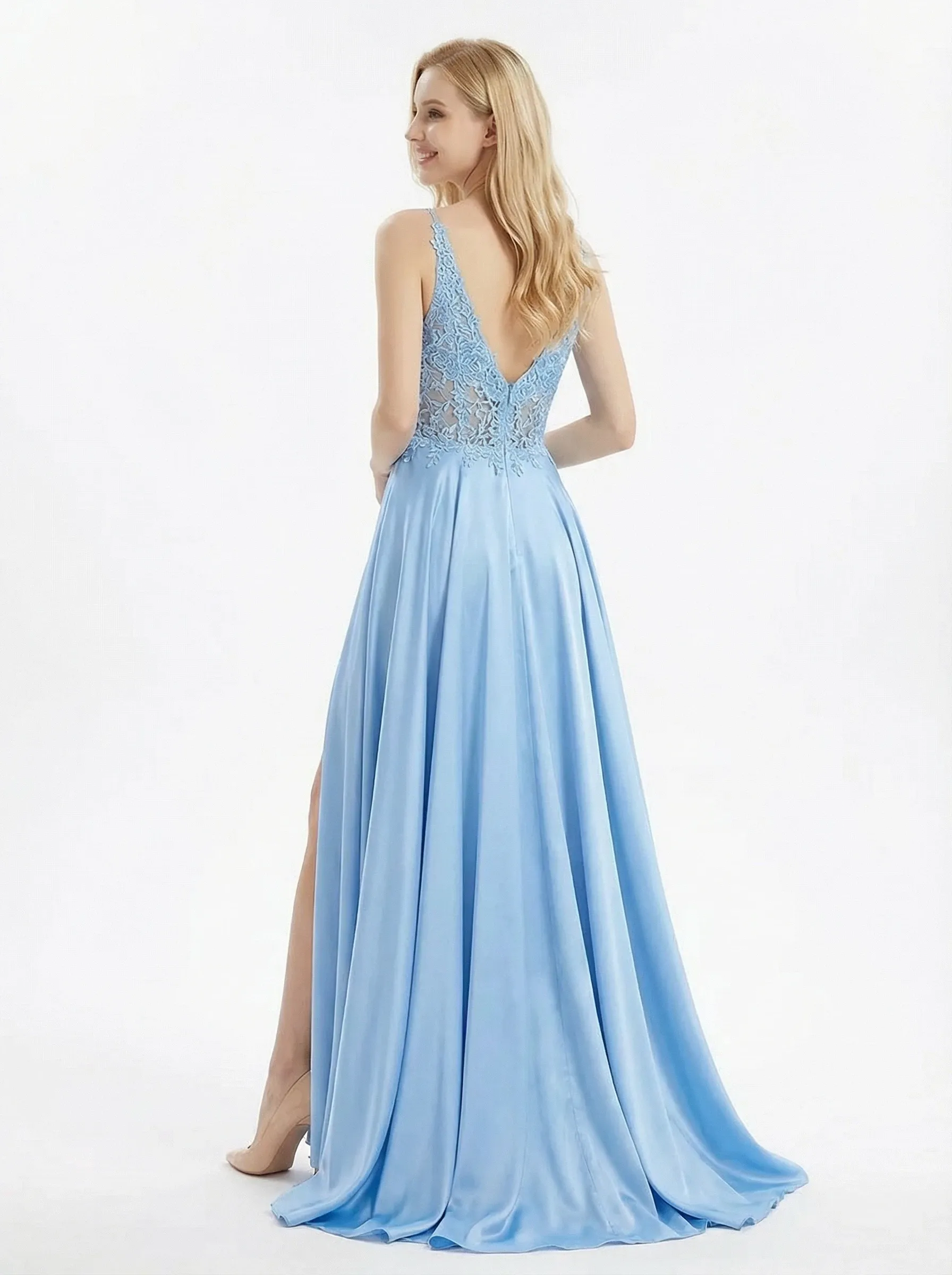 Elegant Lace Bodice Satin A-Line Cut out Corset Gown Sexy High Slit Formal Evening Dress sold by ChicSew product image thumbnail 3