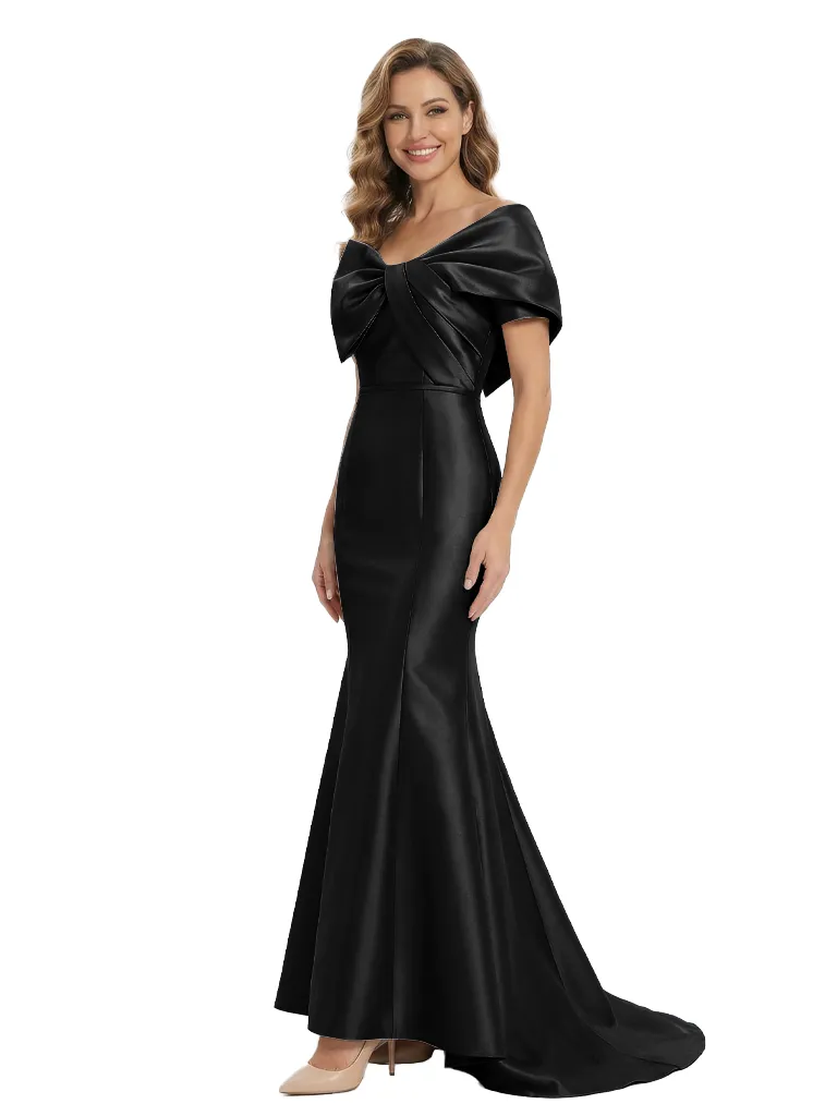 Elegant Off Shoulder Bow Knot Ruched Satin Mermaid Mother of the Groom Evening Dress sold by ChicSew product image thumbnail 4