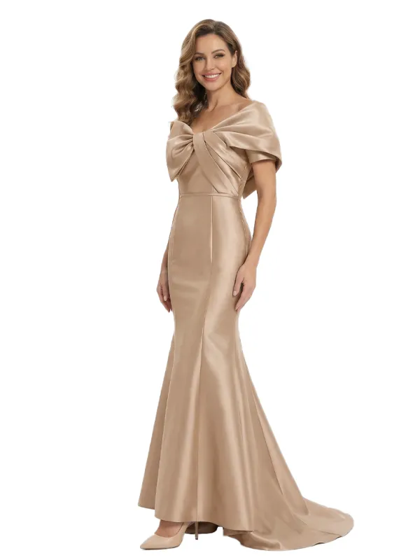 Elegant Off Shoulder Bow Knot Ruched Satin Mermaid Mother of the Groom Evening Dress sold by ChicSew