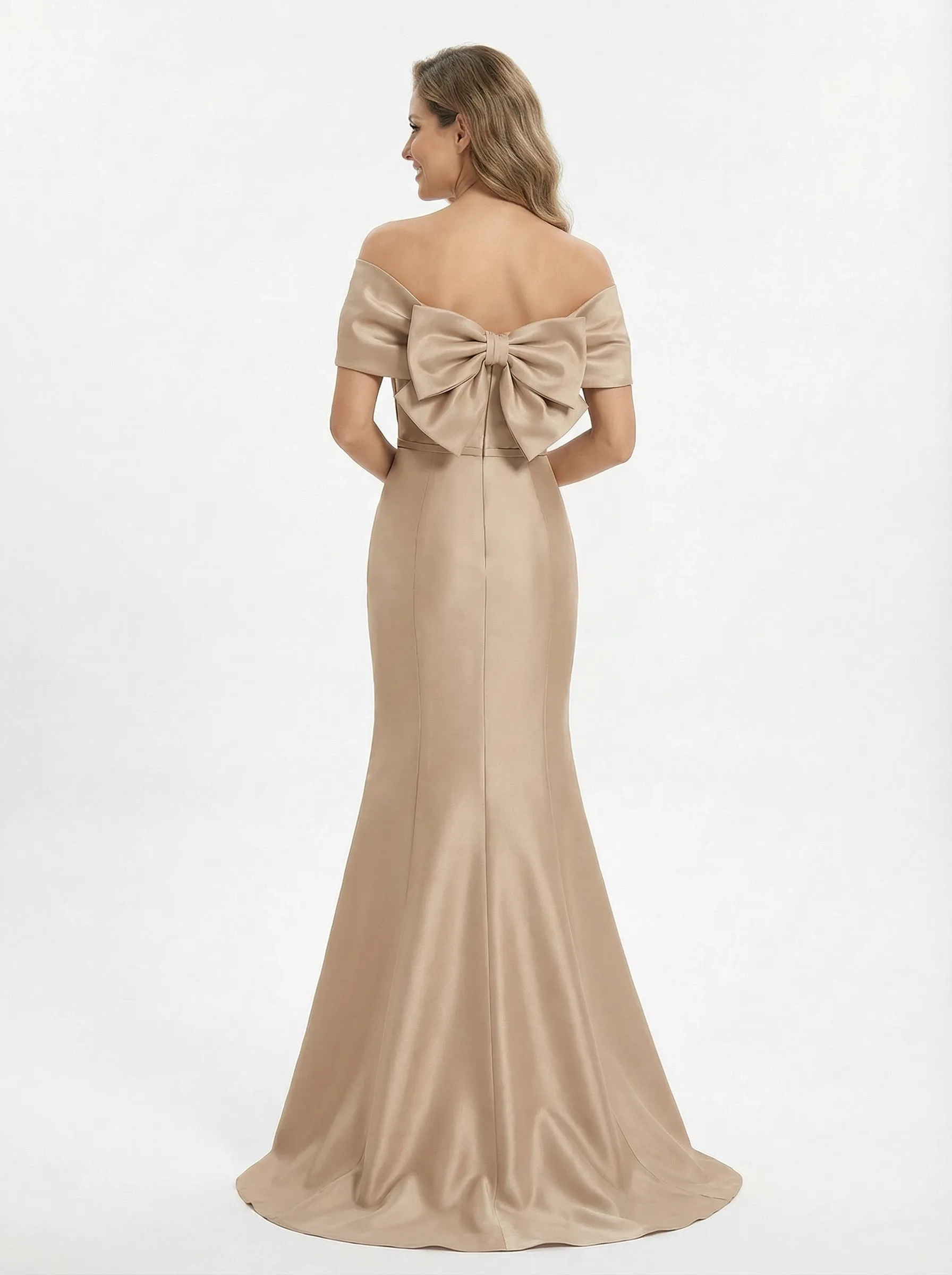 Elegant Off Shoulder Bow Knot Ruched Satin Mermaid Mother of the Groom Evening Dress sold by ChicSew product image thumbnail 3