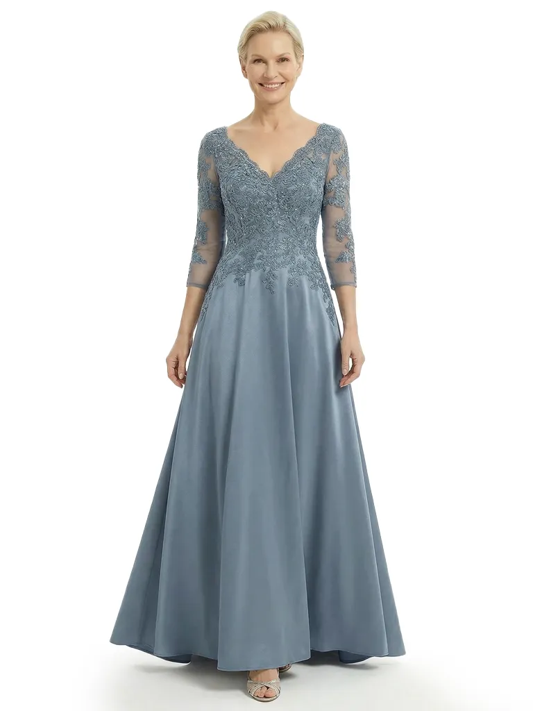Timeless V-Neck Lace Satin Mother of the Groom Gown With Sleeve sold by ChicSew