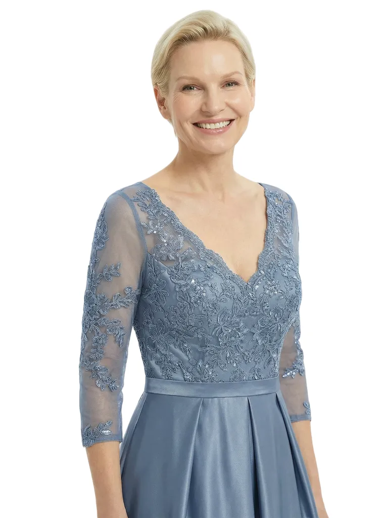 Timeless V-Neck Lace Satin Mother of the Groom Gown With Sleeve sold by ChicSew product image thumbnail 2