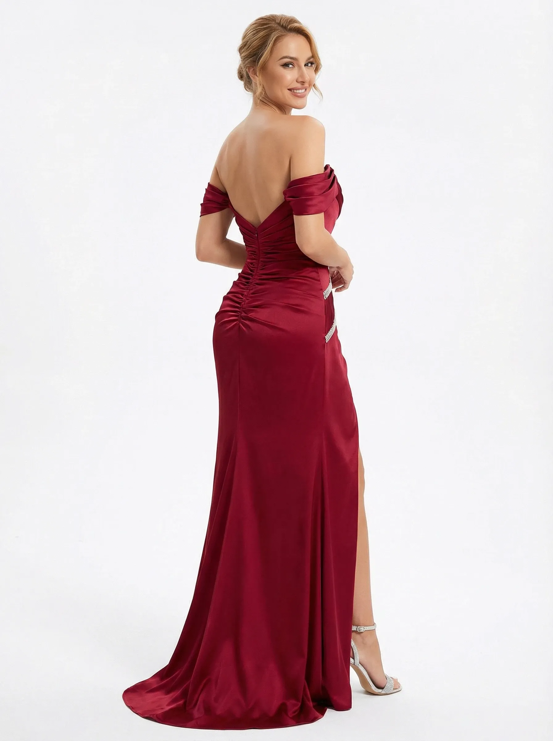 Elegant Cold Shoulder Mermaid Side Slit Evening Ruched Satin Prom Dresses sold by ChicSew product image thumbnail 3
