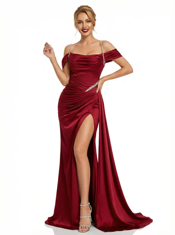 Elegant Cold Shoulder Mermaid Side Slit Evening Ruched Satin Prom Dresses sold by ChicSew