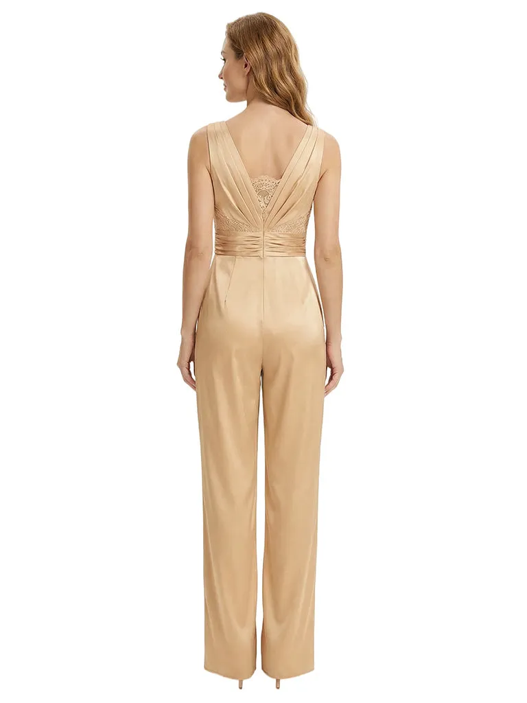 Beautiful V-Neck Lace Insert Satin Mother Of The Bride Pantsuits sold by ChicSew product image thumbnail 3