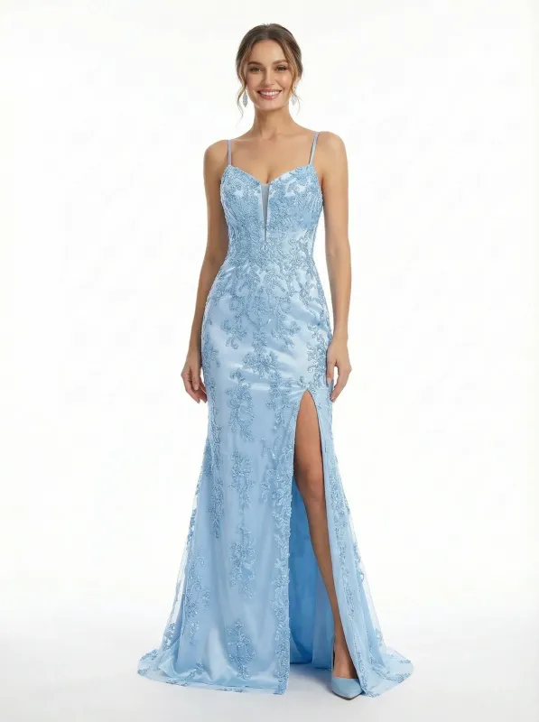 Fancy Lace Satin Mermaid Formal Gown Sexy High Slit Sweetheart Neck Prom Dress sold by ChicSew