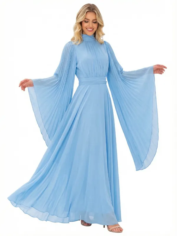 High Neck Pleated Chiffon Mother Of The Bride Dress Bell Sleeves A-Line Maxi Gown with Waist Sash sold by ChicSew