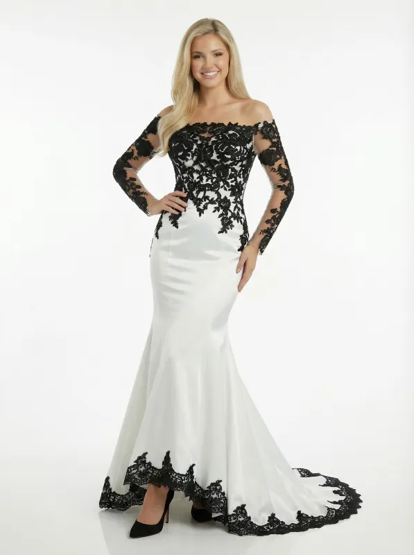 ChicSew Chic Off Shoulder Black and White Lace Satin Mermaid Prom Dress sold by ChicSew