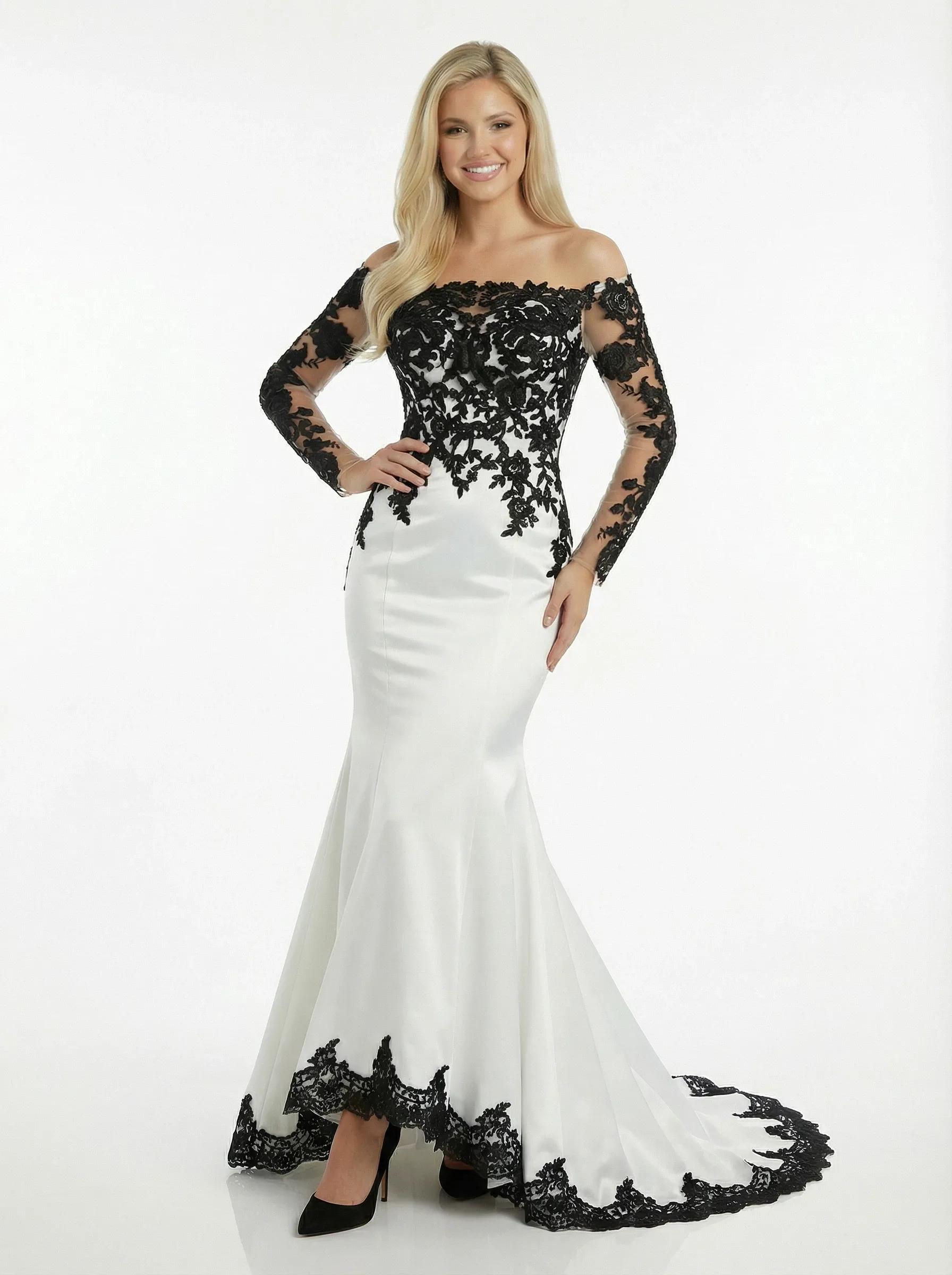 ChicSew Chic Off Shoulder Black and White Lace Satin Mermaid Prom Dress sold by ChicSew