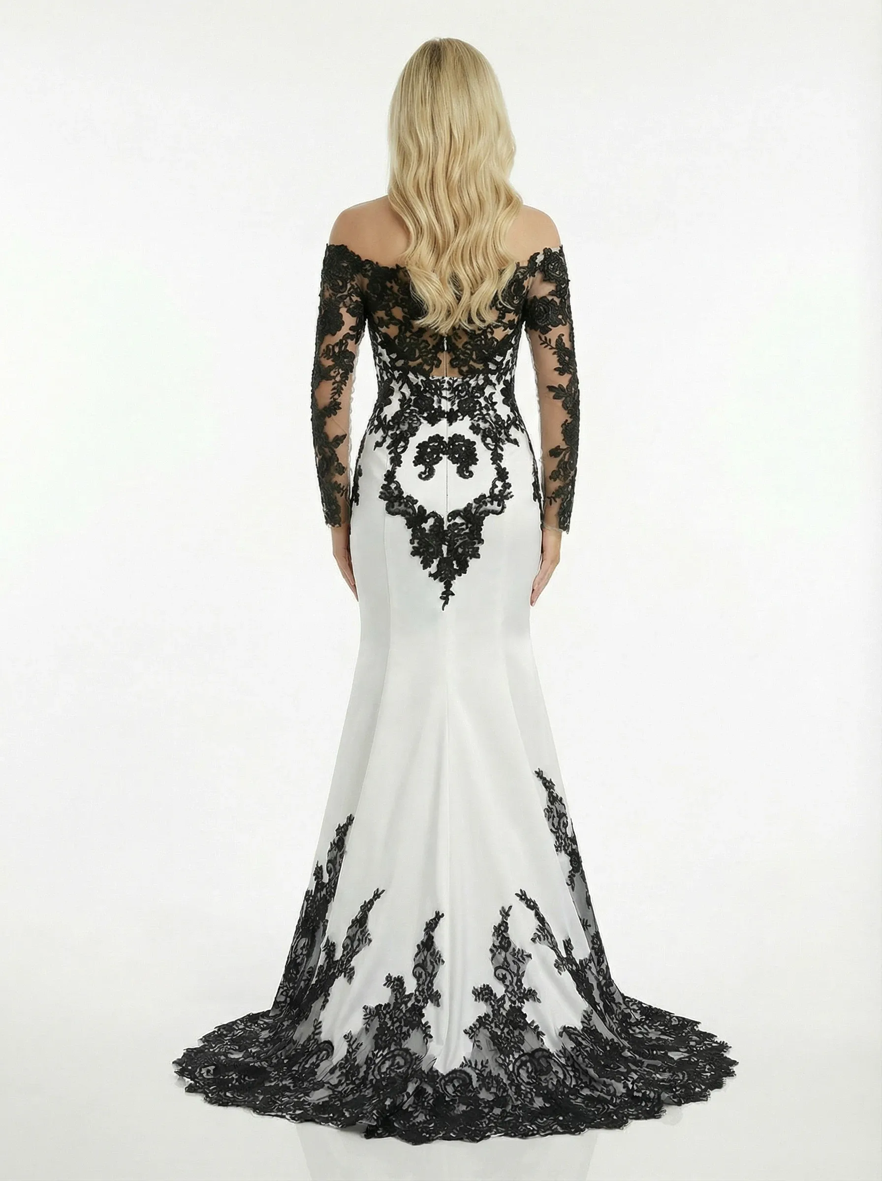 ChicSew Chic Off Shoulder Black and White Lace Satin Mermaid Prom Dress sold by ChicSew product image thumbnail 2