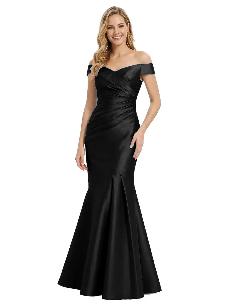 Simple V-Neck Off Shoulder Ruching Mermaid Satin Mother of the Groom Evening Dress sold by ChicSew product image thumbnail 4