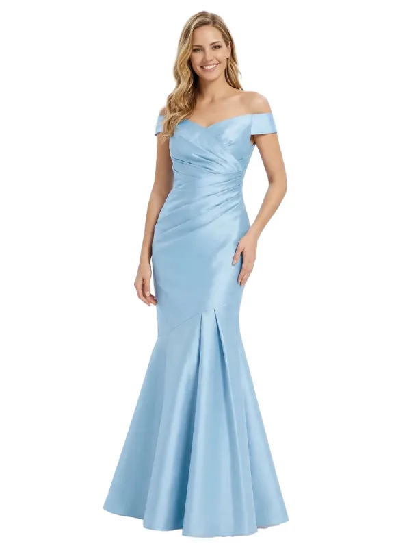 Simple V-Neck Off Shoulder Ruching Mermaid Satin Mother of the Groom Evening Dress sold by ChicSew